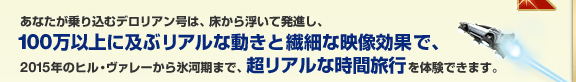 あなたが乗り込むデロリアン号は、床から浮いて発進し、100万以上に及ぶリアルな動きと繊細な映像効果で、2015年のヒル・ヴァレーから氷河期まで、超リアルな時間旅行を体験できます。